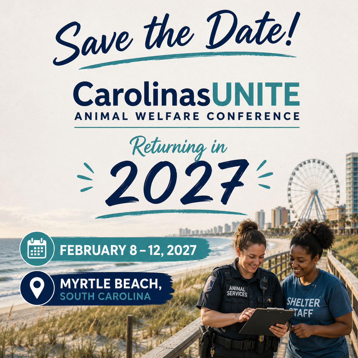 A green and blue Save the Date graphic for the 2027 Carolinas Unite Conference in Myrtle Beach, SC!